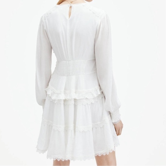 AllSaints Zora Dress Mini Tiered Lace Long Sleeve White 10 - Picture 2 of 12